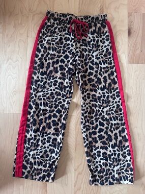 Leopard Print wide leg Pants with Red Side Stripe